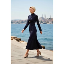 Benerly Kadın Maxi Elbise Yüksek Yaka Uzun Kol Örme Sandy Kumaş Kalıp Ast Lacivert