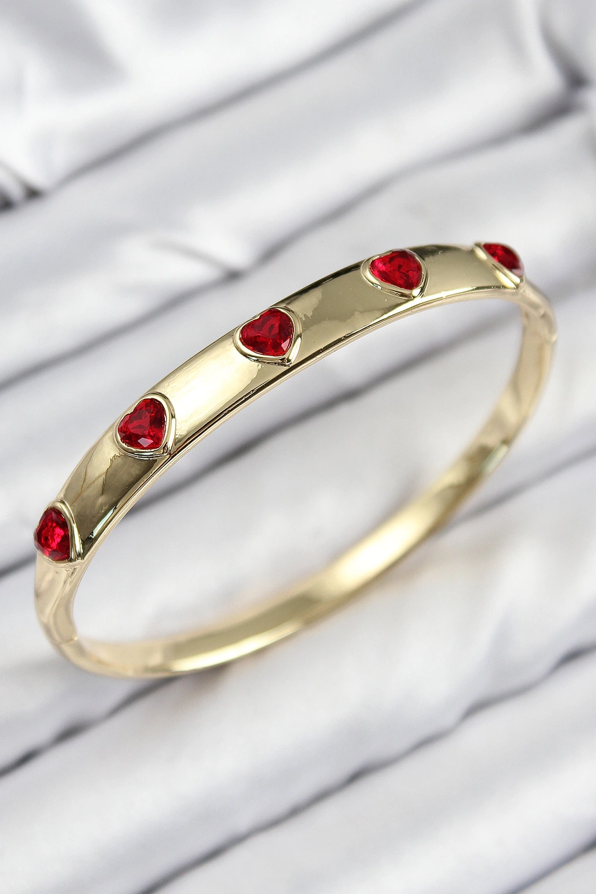 Pirinç Zirkon Taşlı Kırmızı Kalp Model Gold Renk Kadın Kelepçe Çelik