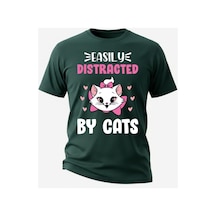 Urbantrendstore Kedili Tişört Kedi Baskılı Yarım Oversize Pamuklu Biskilet Ve Yuvarlak Yaka Tişört Tshirt Zümrüt Yeşili
