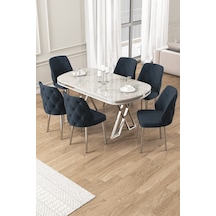 Canisa Afe Serisi 90x168 Lak Panel Beyaz Mermer Desen Krom Ayak Masa Takımı 6 Antrasit Sandalye Beyaz Mermer Desen Masa Sandalyeler Antrasit