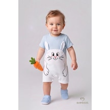Babyden's Tavşan Baskılı Şortlu Erkek Bebek Tulum %100 Pamuk Yazlık Kısa Kollu Çıtçıtlı Yenidoğan Bebek Tulumu 0-9 Ay Bebe Mavisi