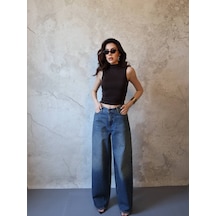Hopıan Kadın Mavi Yüksek Bel Geniş Paça Vintage Yıkama Wide Leg Jean Pantolon Blue Jeans