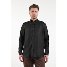 İmza Uzun Kol Düz Keten Düğmeli Yaka Cepsiz Casual Comfort Fit Gömlek 1004250114 Siyah