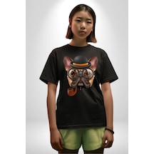 Köpek Pug Gözlüklü Pamuklu Bisiklet Yaka Unisex Oversize Boyfriend Dijital Baskılı Siyah T-shirt Siyah