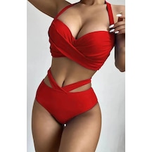 Özel Tasarım Detseksiz Kaplı Çapraz Kırmızı Bikini Takım (551646179)