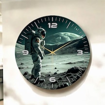 Renkli Baskı Ay Ve Astronot Desenli Sayılı Hediyelik Ahşap Sessiz Duvar Saati 50cm ÇOk Renkli