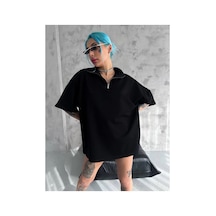 Kadın Yarım Fermuarlı Tişört Kısa Kol T-shirt - Siyah