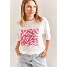 Baskılı Basic Bisiklet Yaka Örme T-shirt Önü Pembe