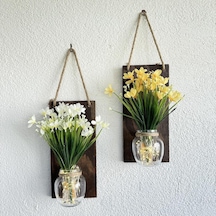 Led Işıklı, Sarı Ve Beyaz Nergis Çiçekli Duvar Dekoru Ceviz İkili Set Ceviz