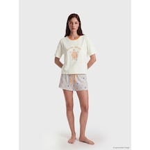 Lcw Dream Ekru Bisiklet Yaka Baskılı Kadın Şortlu Pijama Takımı