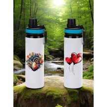 Kalp Baskılı 2'li Mavi Kulplu Matara 850 Ml Beyaz