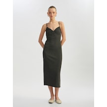 Koton Derin V Yaka Slim Fit Midi Boy İnce Askılı Kalem Elbise Antrasit 5sak80067ek Antrasit