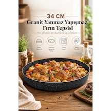 Granit Döküm Yuvarlak Fırın Tepsi Yanmaz Yapışmaz Yüksek Isıya Dayanıklı 34 Cm