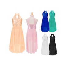 Şampanya Kolsuz Hollow Geri Payetler Dekor Düzensiz Hem Peçe Elbise Çocuklar Kızlar İçin Sahne Performansı Bej