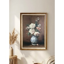 Vintage Gold Çerçeveli Tablo - Mavi Beyaz Vazoda Güller - 60x80 Cm