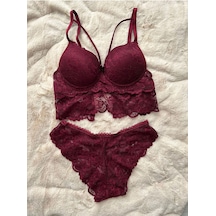 Kadın Mor Destekli Ip Detaylı Dantelli Dolgulu Bralet Takım,fantazi Sütyen,kilot,külot Mor