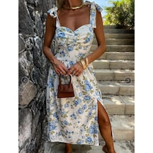 Kadın Yaz Baskılı Seksi Boyundan Bağlamalı Günlük Bölünmüş Elbiseler Beyaz&mavi Kadın Yaz Baskılı Seksi Boyundan Bağlamalı Günlük Bölünmüş Elbiseler Beyaz&mavi