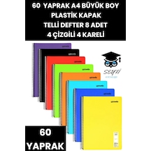 60 Yaprak A4 Telli Defter 8 Adet 4 Çizgili 4 Kareli Plastik Kapak Çok Renkli