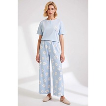 Benerly Kadın Bisiklet Yaka Kısa Kollu Regular Kalıp Çiçekli Pijama Takım mavi