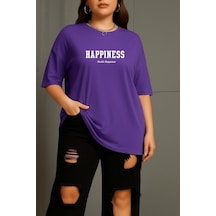 Büyük Beden Happıness Baskılı Unisex Tişört Mor
