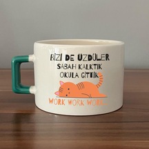 Bizi De Üzdüler Turuncu Kedi Baskılı Yeşil Kulplu C Fincan