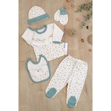 Sitilin Kız Bebek Natural Pamuk Kumaş Yeşil 5 Li İşlemeli Lüks Hastane Çıkışı Seti Stl6792 Beyaz