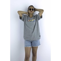 Kadın Gri Oversize Mood T-shirt Cırt Cırtlı Değiştirilebilir Mood Sticker