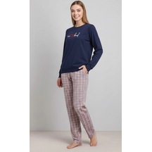 Bicomi %100 Pamuklu Uzun Kol Sweatshirt Ve Ekose Pantolon Pijama Takımı Lacivert