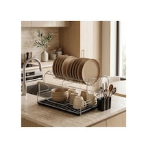 En Çok Tercih Edilen 2 Katlı Daldırma Termo Plastik Kaplama Bulaşıklık Paslanmaz & Kararma Yapmaz Ultra Geniş Kapasiteli Tabaklık,premium Mutfak Kurutmalık 45x35 Cm-krom-siyah Gümüş-krom