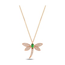 Çekirdekjewelry 925 Ayar Gümüş Yusufçuk Kolye Sarı Altın Kaplama Zümrüt Taşlı Taşlı Model Pembe
