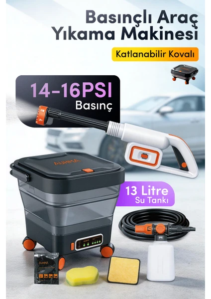 Şarjlı Basınçlı Araç Yıkama Makinesi Seti 13l Katlanabilir Tekerlekli Kova,5 Metre Hortum -kolay Taşıma Ve Kullanım 1 Set