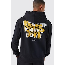 Unisex Knives Down Basklı Kapşonlu Oversize Sweatshirt Siyah