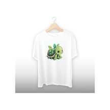 Kaplumbağa Detaylı Unisex Tişört Beyaz
