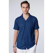 Tudors Erkek Slim Fit Dar Kesim Kısa Kollu Örme Kumaş Indigo Apaş Yaka Gömlek-31157 Indıgo İndigo