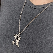 Harfli Kişiye Özel Berber Makas Tarak Erkek Kolye Takı K24 T5