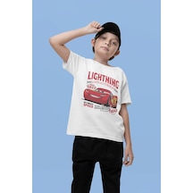 Sevbano Unisex Lightning Mcqueen Baskılı Arabalar Şimşek Çizgi Film Çocuk Beyaz