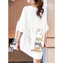Harajuku Japon Yazılı Kedi Tasarımlı Unisex Oversize T-shirt Beyaz