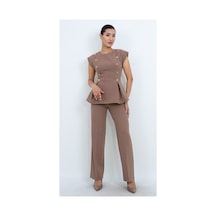 Dorne Moda Özel Koleksiyon Kruvaze Gold Düğmeli Peplum Bluz Ve Pantolon İkili Takım - Düğün - Mezuniyet - Ofis Şıklığı Kahverengi Kahverengi