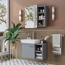 Likya Mdflam Lavabolu Banyo Dolabı Takımı, Tek Kapaklı 72 Cm Lavabolu Banyo Alt Dolabı + Üst Dolabı Kül Gri