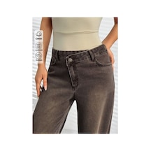 Kene Jeans Ön Asimetrik Kahverengi İşlemli Bol Paça Kot Pantolon Kahverengi