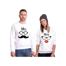 Tshirthane Mr.Mrs Glasses Sevgili Kombinleri Unisex Sweatshirt Kırık Beyaz