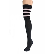 Diz Üstü Çember Desen Beyaz Kadın Çorabı - Siyah
