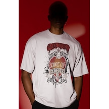 Alice Cooper Şarkıcı Ön Baskılı Unisex Oversize Tişört Beyaz