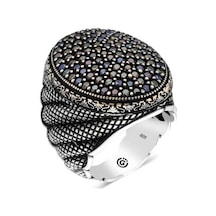Gümüş Siyah Zirkon Taşlı Oval Erkek Yüzük - 555892830
