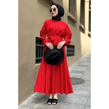 Yakalı Mevlana Elbise-kırmızı-1600 - Kadın