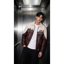 Oksit Club Ltd Nakış Detaylı Vintage Colorblock Gömlek Yaka Deri Bomber Ceket Bordo