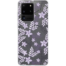 Samsung Galaxy Uyumlu S20 Ultra Kapak Floral Lila Tasarımlı Şeffaf Silikon Kılıf