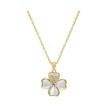 Gold Renk Beyaz Zirkon Taş Süslemeli Kalp Detaylı Yonca Yaprağı Tasarım Çelik Kadın Kolye