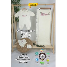 Gros Shop Müslin Yeni Doğan 4katlı Organik %100pamuk Kişiye Özgü Nakışlı Hastane Çıkış Seti Güllü Mode-3 Ekru-2