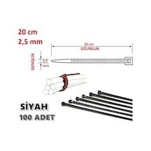 100 Adet 20Cm X 2.5Mm Plastik Kelepçe Kablo Bağı Siyah